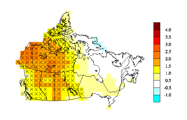 Changement de la température Canada, observed, 2004 vs 1950