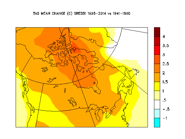 Changement de la température 1995-2014 vs 1941-1960